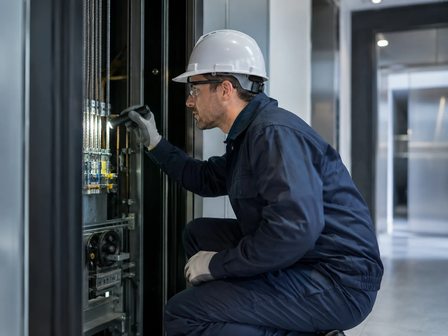 Elevator technician performing maintenance